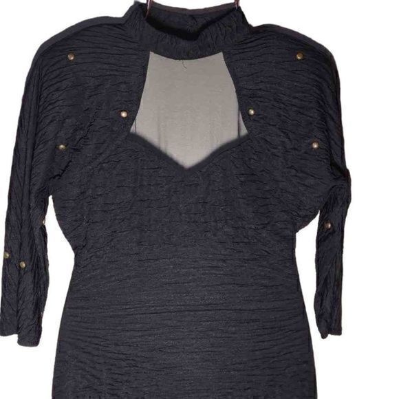 Absolutely! 80s Black Bodycon Mini Dress with Brass Stud Detailing and Choker Ne - Picture 5 of 15